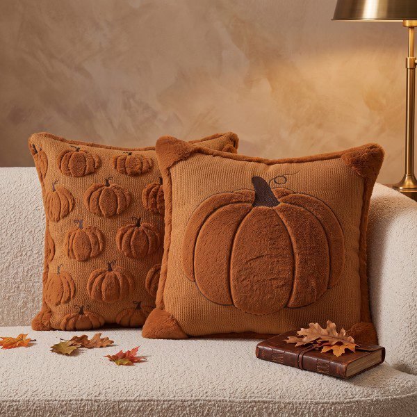 Fall Throw Pillow Covers Reversible Rust Pumpkin Plush — 3D Embroidery