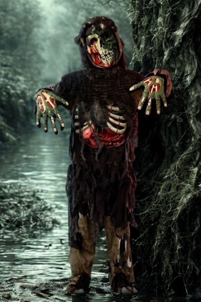 Complete Zombie Costume with Mask, Gloves & Bone Details for Halloween