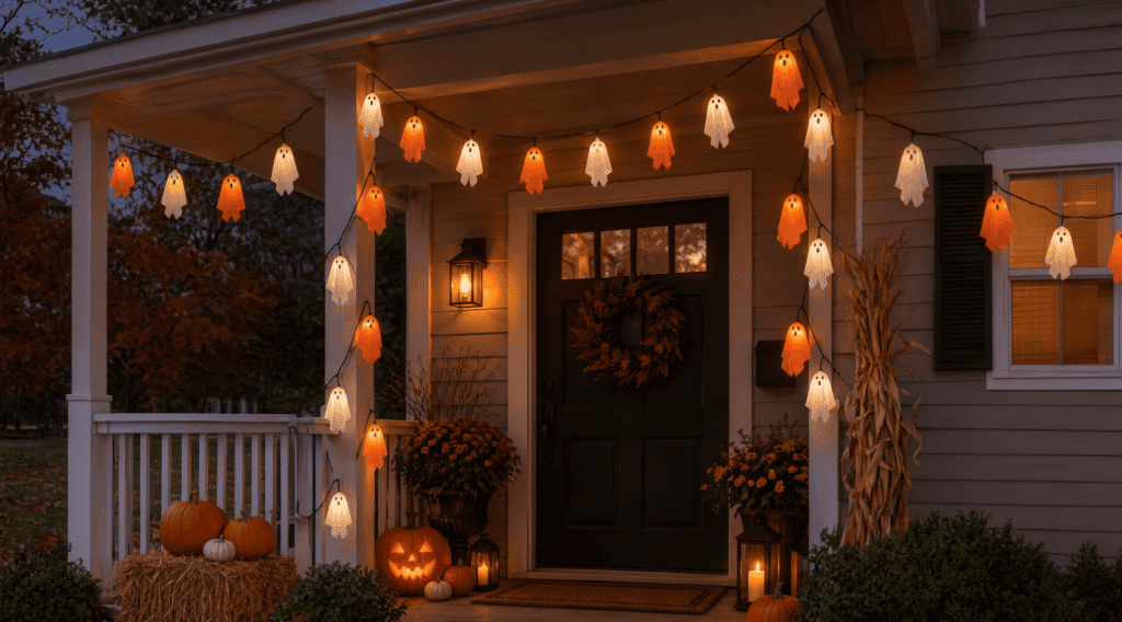 Halloween porch decor with ghost lights