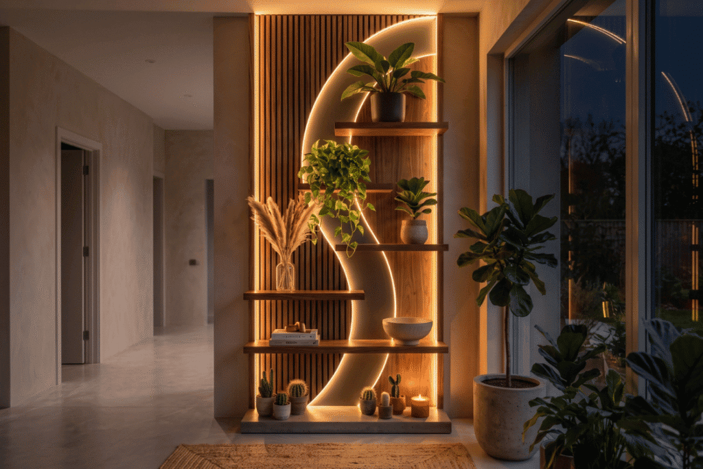 Modern living room wall with a wood slat accent panel, curved LED light feature, floating wooden shelves, books, and indoor plants