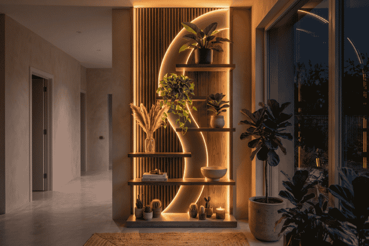 Modern living room wall with a wood slat accent panel, curved LED light feature, floating wooden shelves, books, and indoor plants