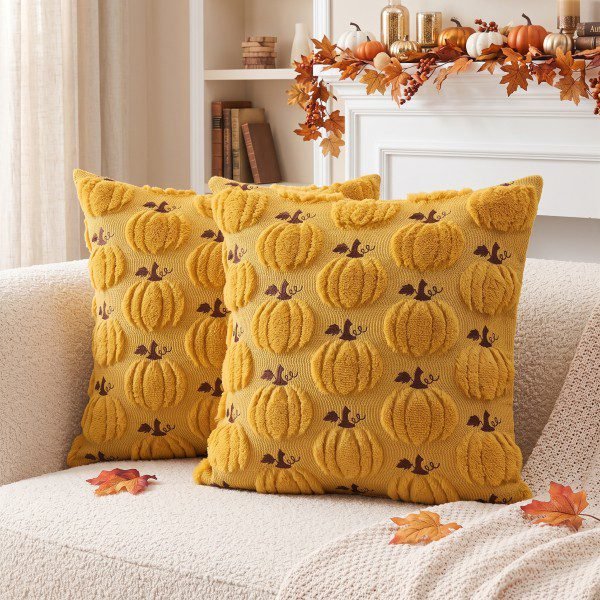 Artscope Fall Pumpkin Throw Pillow Covers — Mustard Yellow