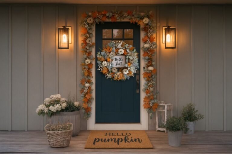 Autumn entryway decor with garland, wreath