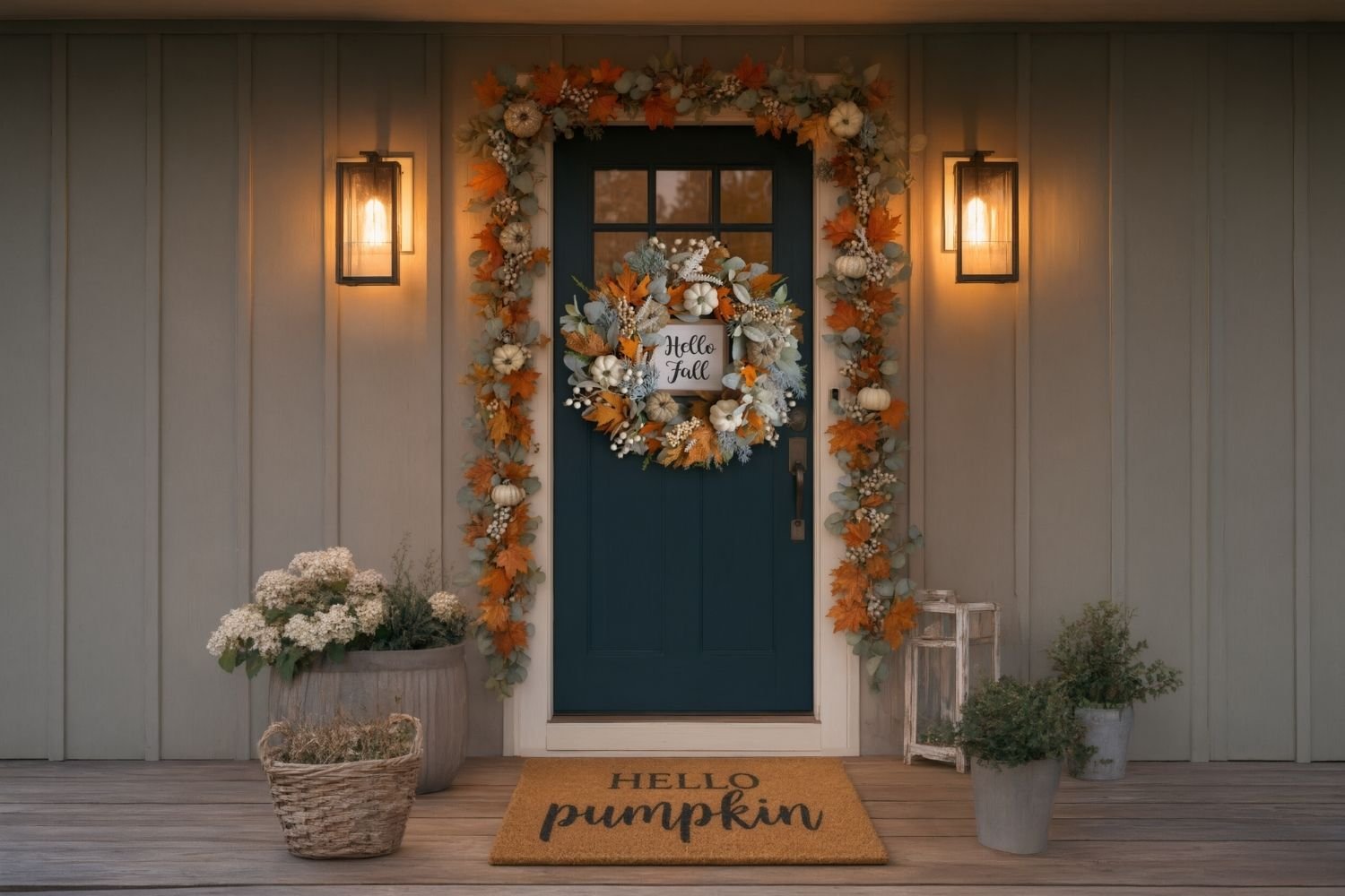 Autumn entryway decor with garland, wreath