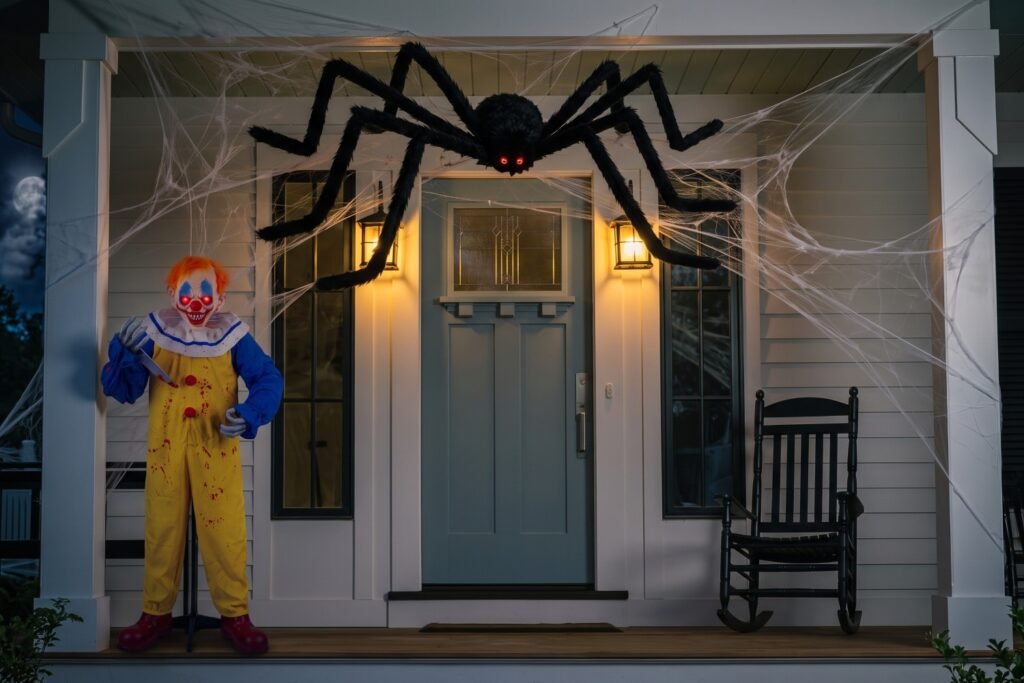 Halloween door decoration with Clown and Giant Spider