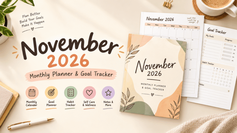 November 2026 monthly planner cover featuring a tilted preview of the planner and a close-up of its calendar, goals, habit tracker, notes, gratitude, and to-do sections. Labeled as an A4 printable PDF and instant digital download